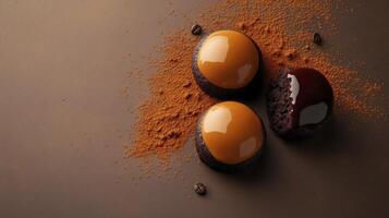 Three chocolate eggs on a brown background photo