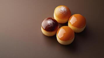 Four small cakes with chocolate and sugar on a brown surface photo