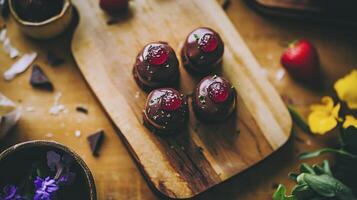 Chocolate covered strawberries on a wooden cutting board photo