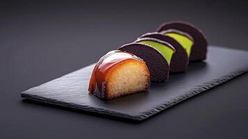 A black plate with food photo