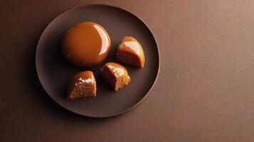 A plate with a piece of cake and a piece of caramel photo