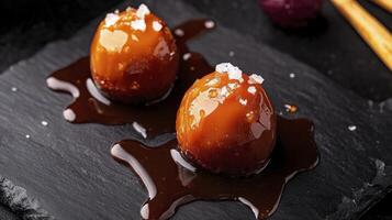 Two pieces of chocolate covered in caramel and salt photo