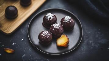 Chocolate covered almonds on a black plate photo