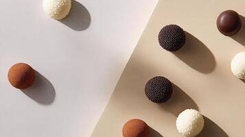 A variety of chocolate balls on a beige background photo