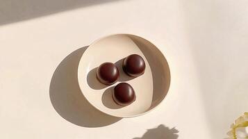 Three chocolate eggs sit on a white plate photo