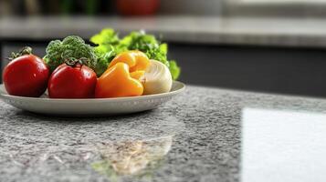 A bowl of vegetables on a counter photo
