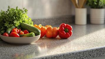 A bowl of vegetables on a kitchen counter photo