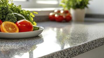 A bowl of vegetables on a counter top photo