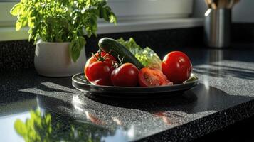A plate with tomatoes and cucumbers on it photo