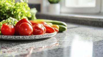 A bowl of fresh vegetables on a kitchen counter photo
