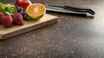 A cutting board with fruit on it photo