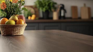 A basket of fruit on a kitchen counter photo
