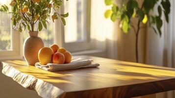 A table with fruit and a vase on it photo