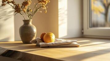 A vase with flowers and a towel on a table photo