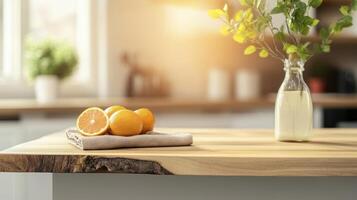 A wooden kitchen counter with oranges and a vase photo