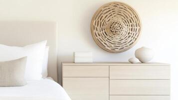 A bedroom with a white bed and wooden dresser photo