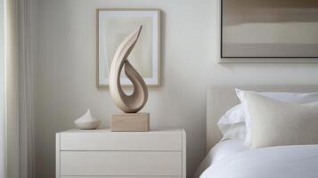 A bedroom with a bed, nightstand and a sculpture photo