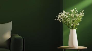 A vase of flowers sits on a table next to a couch photo