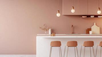A modern kitchen with pink walls and white countertops photo