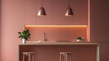 A pink kitchen with a bar and two stools photo