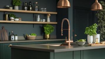 A kitchen with green walls and copper fixtures photo