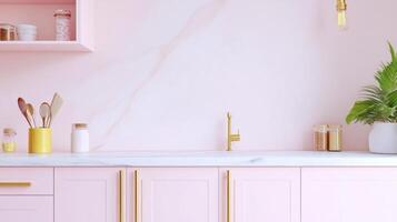 A pink kitchen with gold and pink cabinets photo
