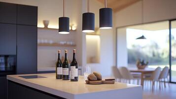 A kitchen with a counter and wine bottles photo