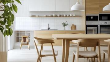 A kitchen with wooden furniture and a table photo
