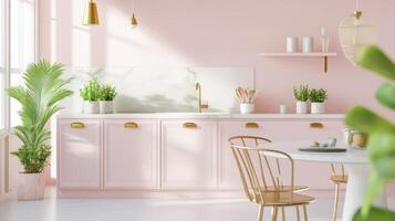A pink kitchen with gold accents and a white table photo