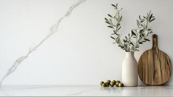A white marble countertop with olive branches and a wooden cutting board photo