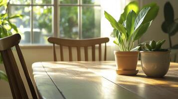 A wooden table with a plant on it photo