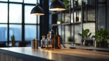 A bar counter with bottles and glasses photo