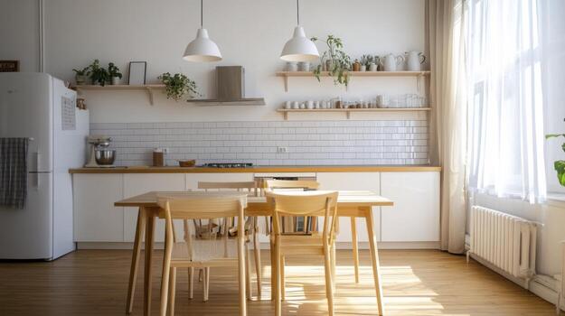 A kitchen with a table, chairs and a refrigerator photo