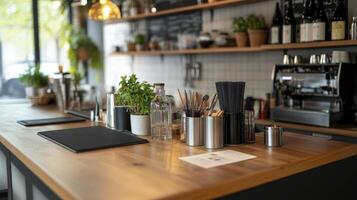A bar counter with a wooden table and a few bottles photo
