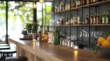 A bar with a wooden counter and stools photo