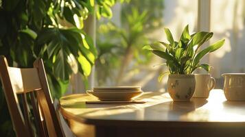 A table with a chair and a plant on it photo