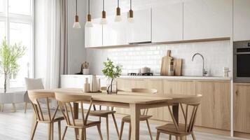 A clean and modern kitchen with wooden furniture photo