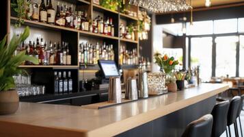 A bar with a long counter and a few chairs photo