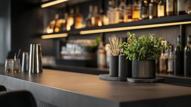 A bar counter with a vase of flowers and bottles photo
