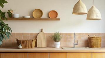 A kitchen with wooden cabinets and a potted plant photo