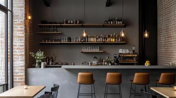 A bar with a concrete counter and chairs photo