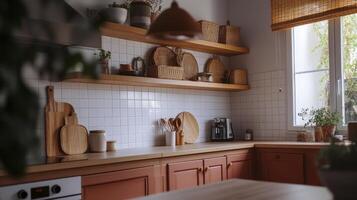 A kitchen with wooden shelves and a window photo