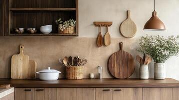 A kitchen with wooden utensils and a wooden shelf photo