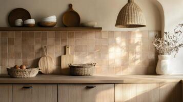 A kitchen with wooden cabinets and a light fixture photo
