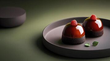 Two desserts on a plate with a green background photo