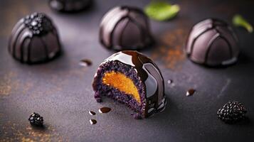 Chocolate truffles with blackberries and orange photo