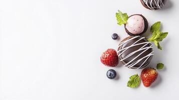 Chocolate covered strawberries and blueberries on white background photo