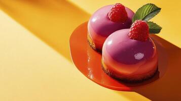 Two desserts on a plate with raspberries photo