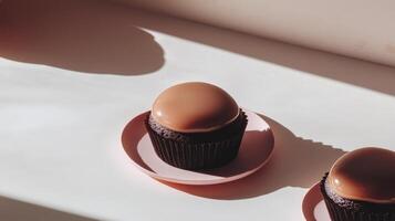 Two cupcakes on pink plates with chocolate frosting photo