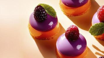 Four desserts with purple and orange frosting photo